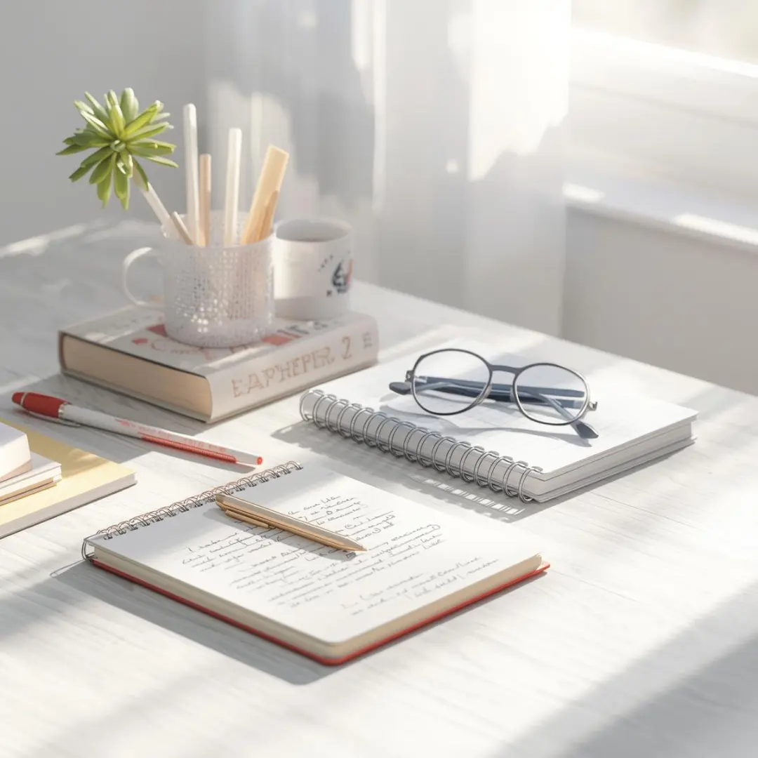 Language learning materials including notebook with handwritten notes